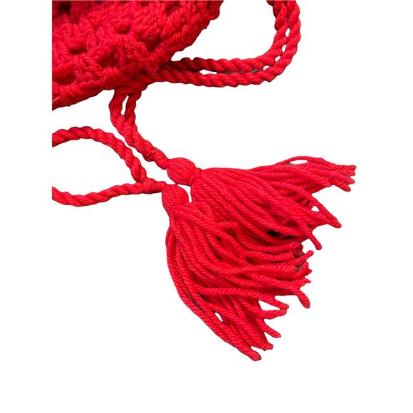 Handmade Red Woven Knit Crotchet Tassels Grannycore Drawstring Satchel Bag - Picture 3 of 6